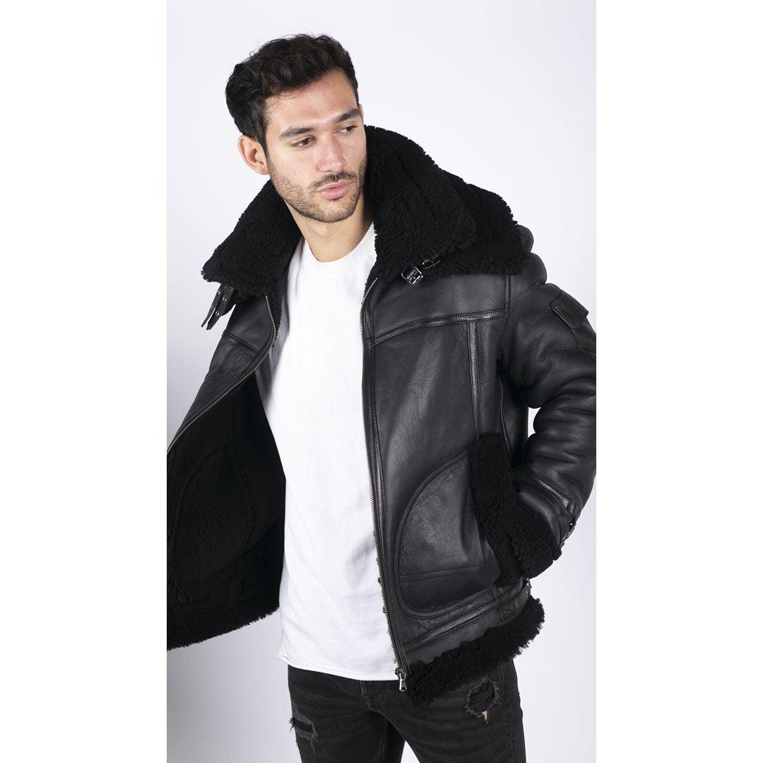 Mens Shearling Sheepskin Coat Zipped Flying Jacket Black Winter Warm Fur - Knighthood Store