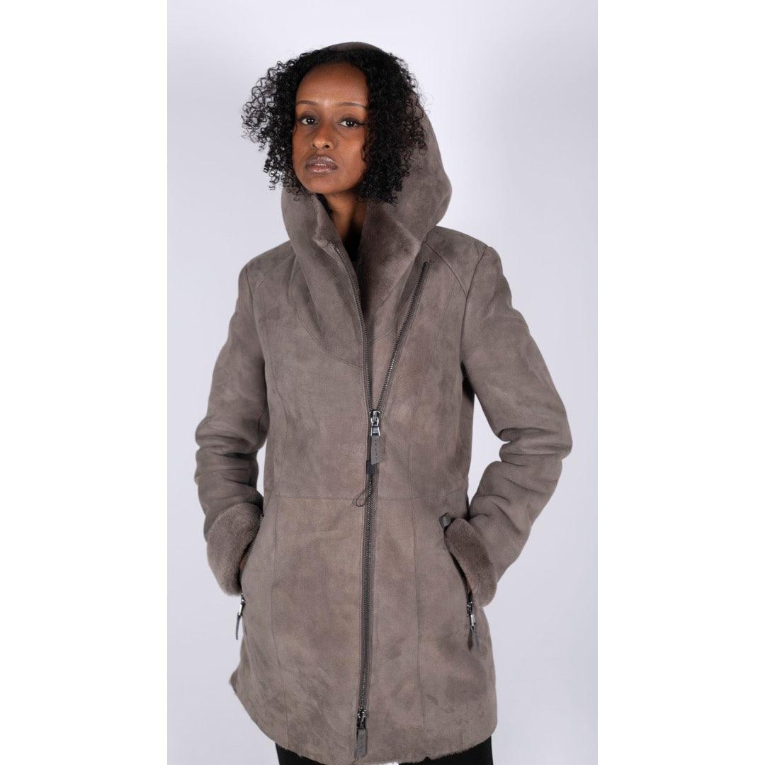 Womens 3/4 Mid Length Real Sheepskin Beige Vintage Toscana Suede Hood Coat - Knighthood Store