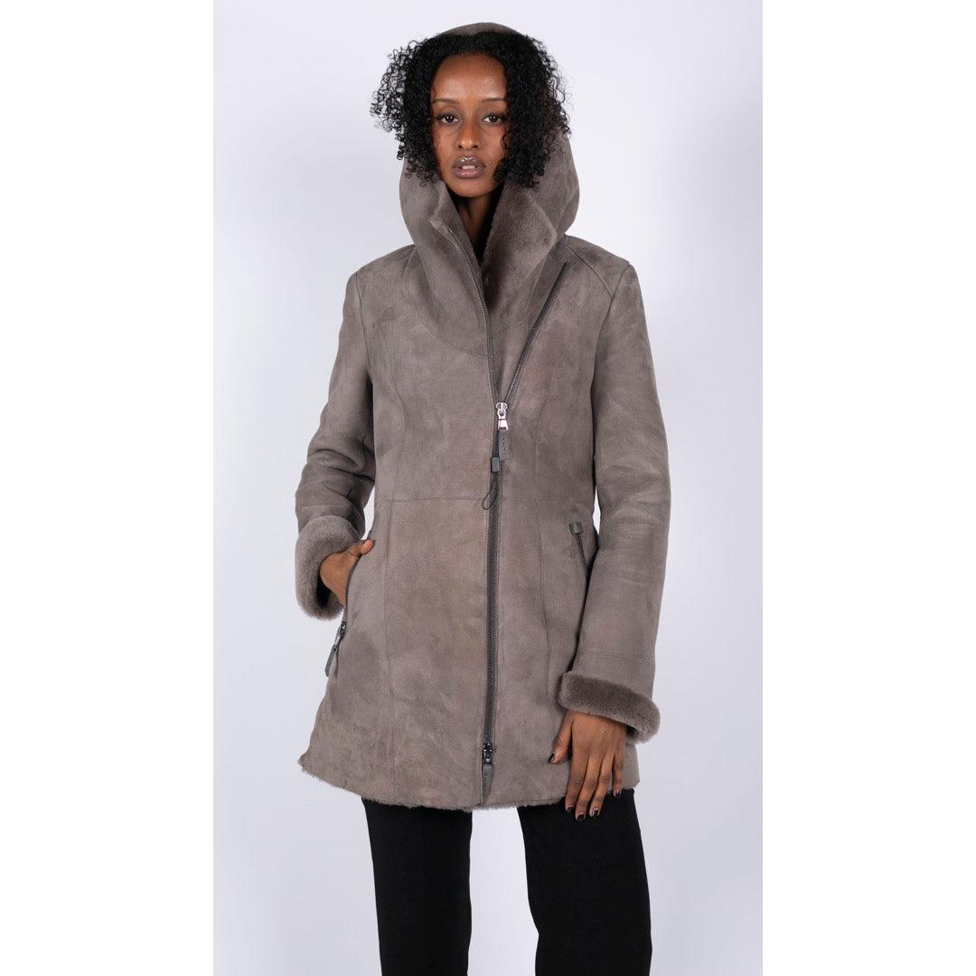 Womens 3/4 Mid Length Real Sheepskin Beige Vintage Toscana Suede Hood Coat - Knighthood Store