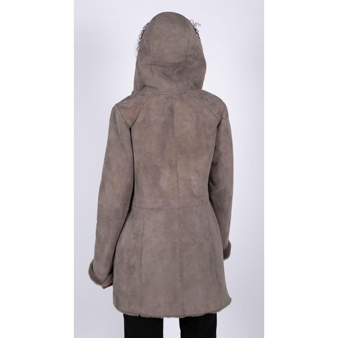 Womens 3/4 Mid Length Real Sheepskin Beige Vintage Toscana Suede Hood Coat - Knighthood Store
