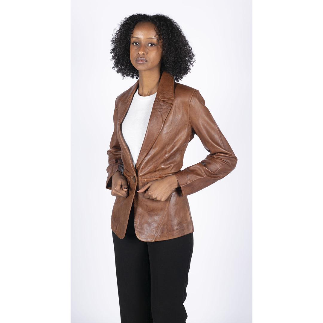 Womens Real Leather Blazer Jacket Short 1 Buton Brown Tan Black Classic Retro - Knighthood Store