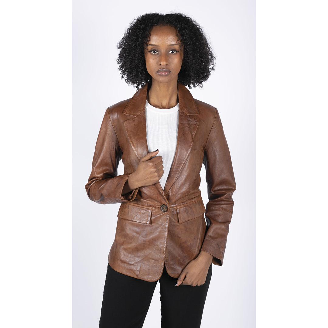 Womens Real Leather Blazer Jacket Short 1 Buton Brown Tan Black Classic Retro - Knighthood Store