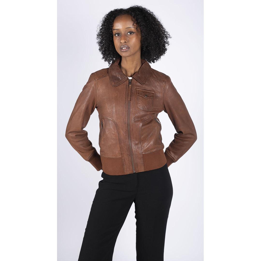 Womens Real Leather Bomber Jacket Short Zipped Retro Brown Tan Black Blue Grey - Knighthood Store