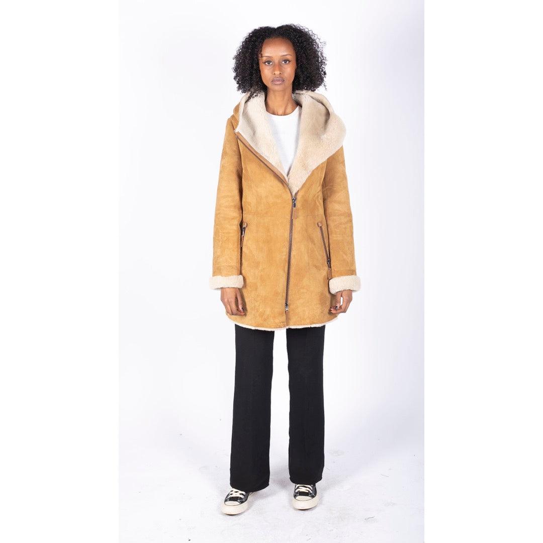 Womens 3 4 Mid Length Real Sheepskin Camel Cream Vintage Toscana Suede