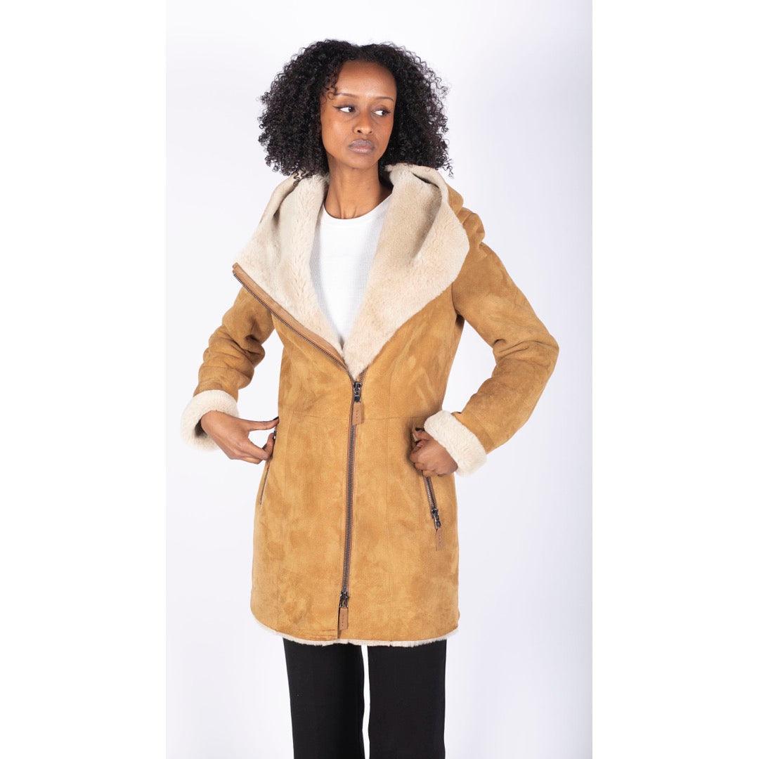 Womens 3/4 Mid Length Real Sheepskin Camel Cream Vintage Toscana Suede Hood Coat - Knighthood Store