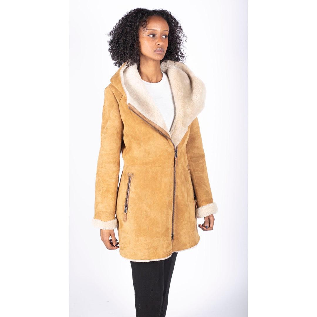 Womens 3/4 Mid Length Real Sheepskin Camel Cream Vintage Toscana Suede Hood Coat - Knighthood Store