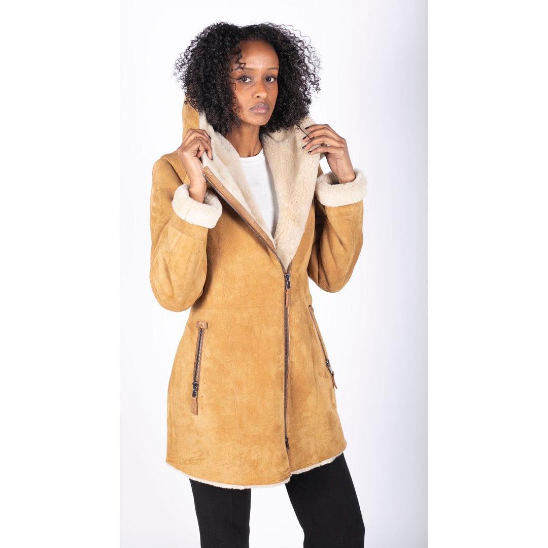 Womens 3/4 Mid Length Real Sheepskin Camel Cream Vintage Toscana Suede Hood Coat - Knighthood Store
