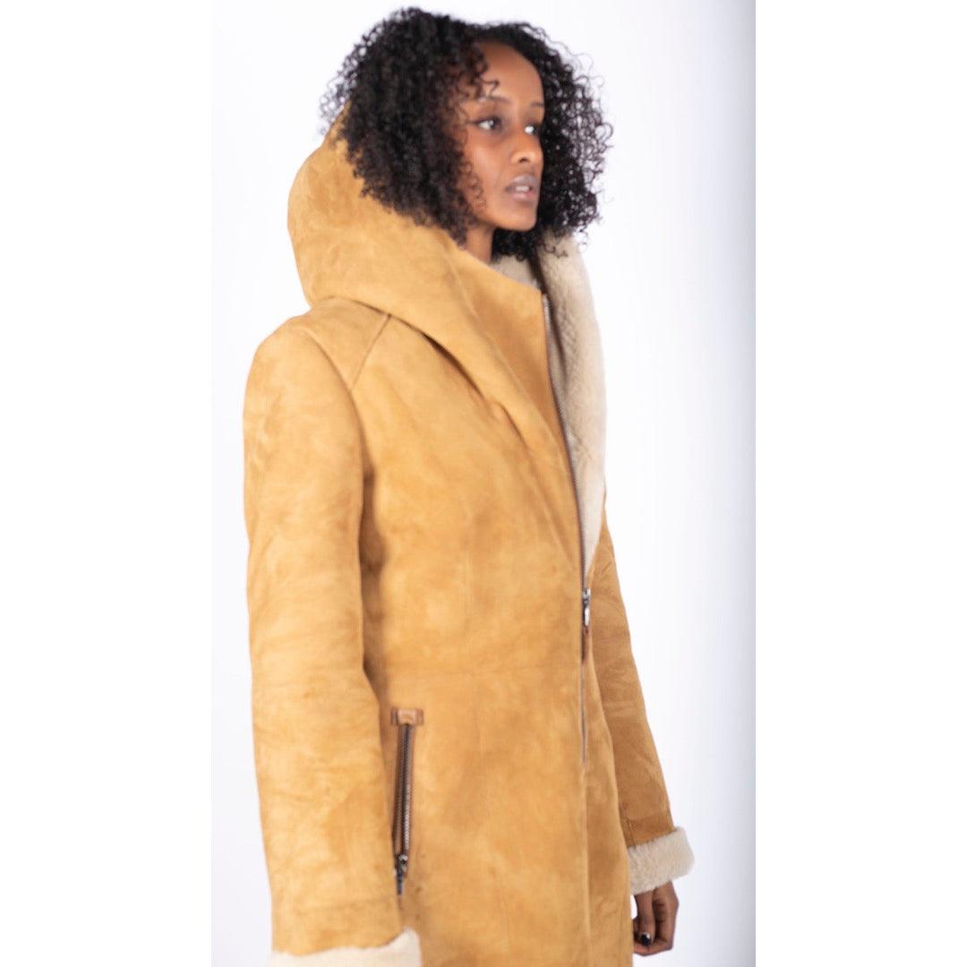 Womens 3/4 Mid Length Real Sheepskin Camel Cream Vintage Toscana Suede Hood Coat - Knighthood Store