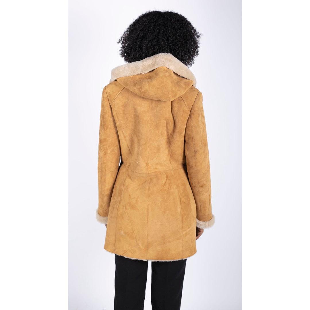 Womens 3/4 Mid Length Real Sheepskin Camel Cream Vintage Toscana Suede Hood Coat - Knighthood Store