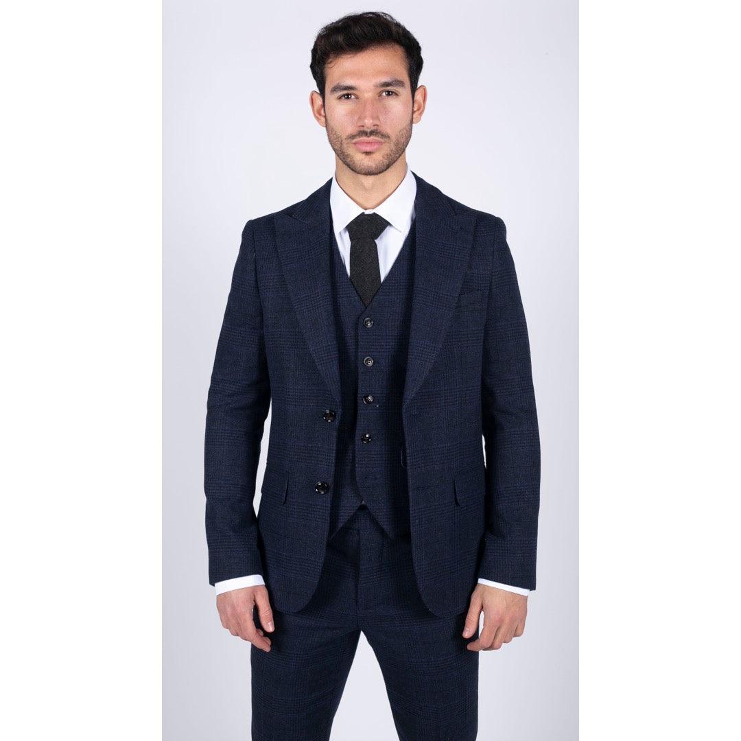 Mens Tweed Wool Check Suit 3 Piece Vintage Classic Navy Black Tailored Fit - Knighthood Store