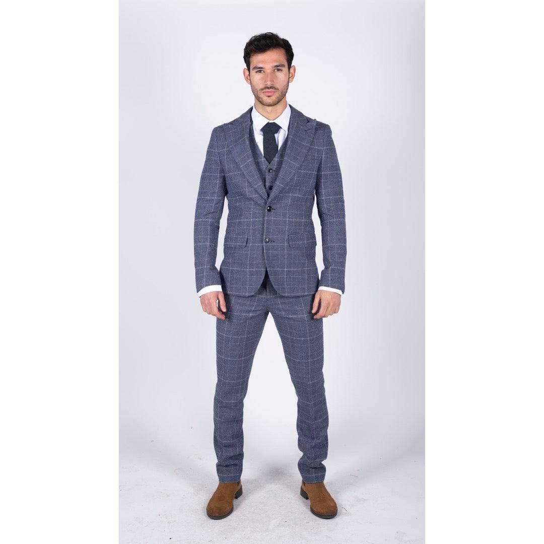 Mens Tweed Wool Check Suit 3 Piece Vintage Classic Blue Grey Tailored Fit - Knighthood Store