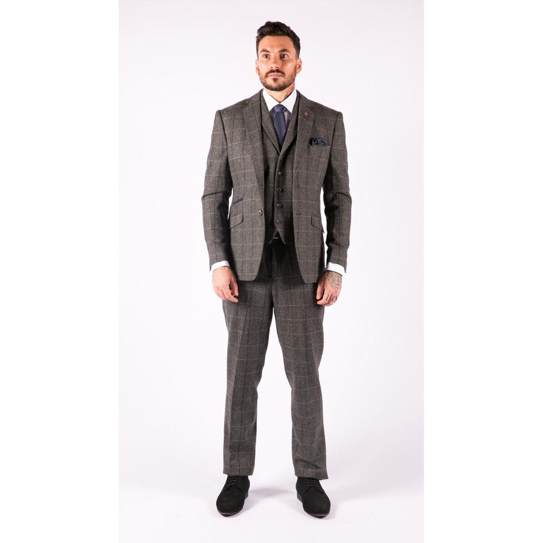 Mens 3 Piece Classic Tweed Herringbone Check Grey Navy Slim Fit Vintage Suit - Knighthood Store