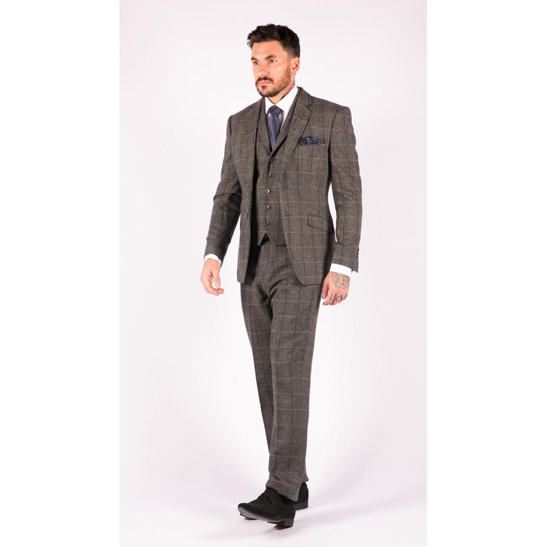 Mens 3 Piece Classic Tweed Herringbone Check Grey Navy Slim Fit Vintage Suit - Knighthood Store
