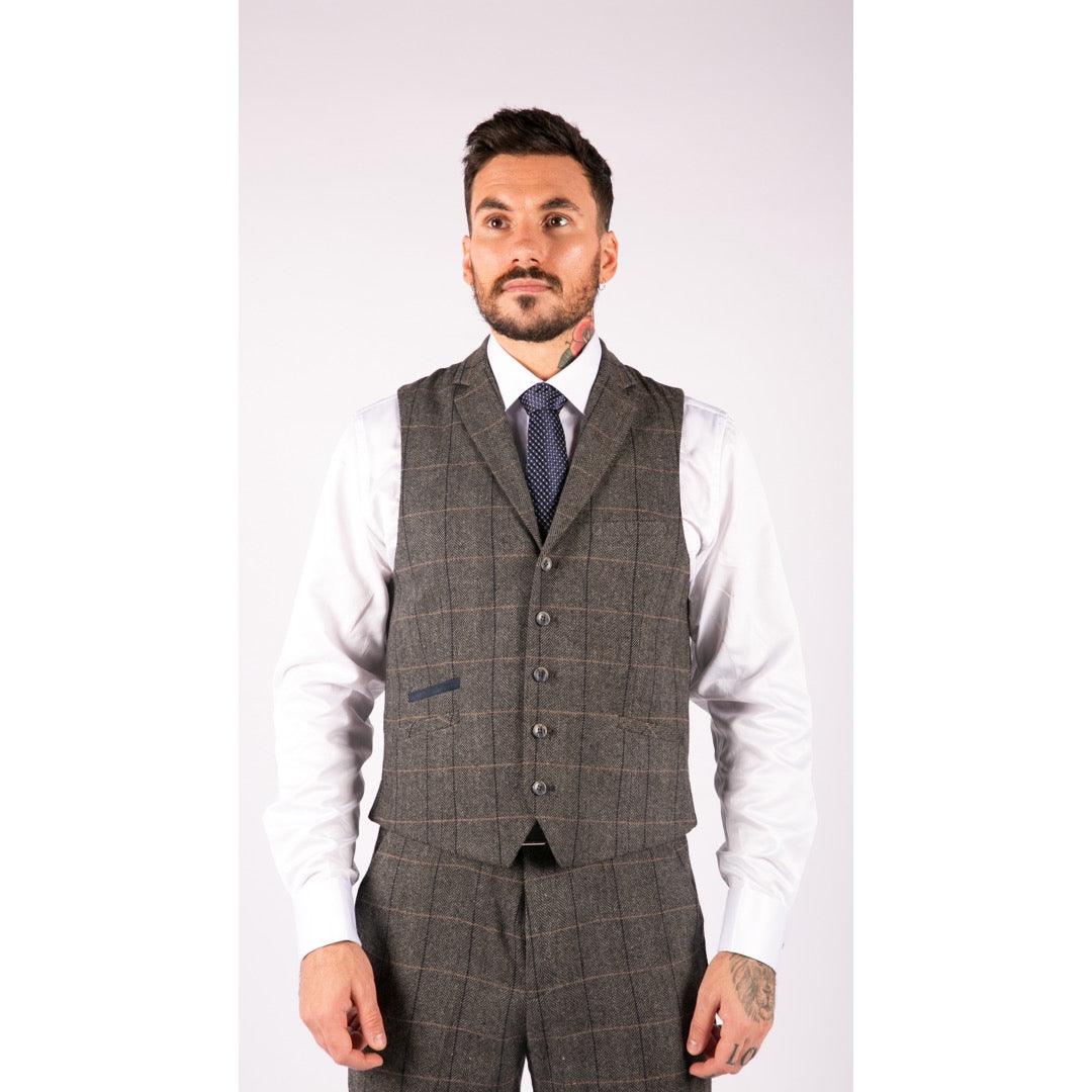 Mens 3 Piece Classic Tweed Herringbone Check Grey Navy Slim Fit Vintage Suit - Knighthood Store