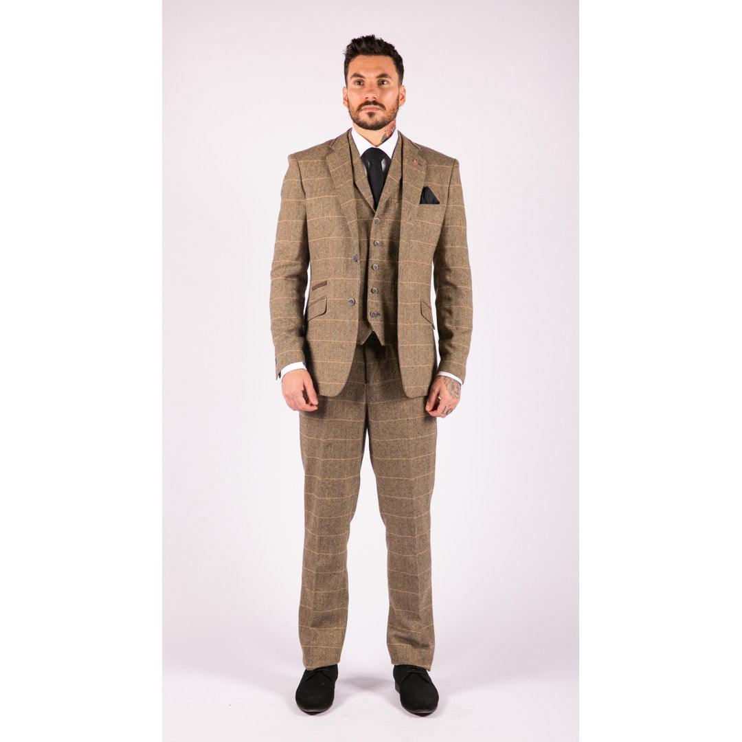 Mens 3 Piece Classic Tweed Herringbone Check Tan Brown Slim Fit Vintage Suit - Knighthood Store