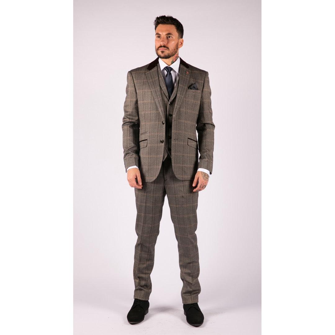 Mens Check Tweed Wool 3 Piece Tan Brown Beige Suit Vintage Retro Tailored Fit - Knighthood Store