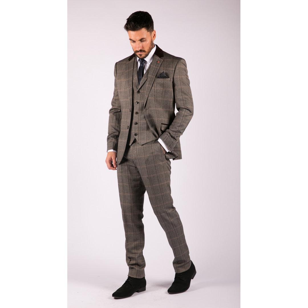 Mens Check Tweed Wool 3 Piece Tan Brown Beige Suit Vintage Retro Tailored Fit - Knighthood Store