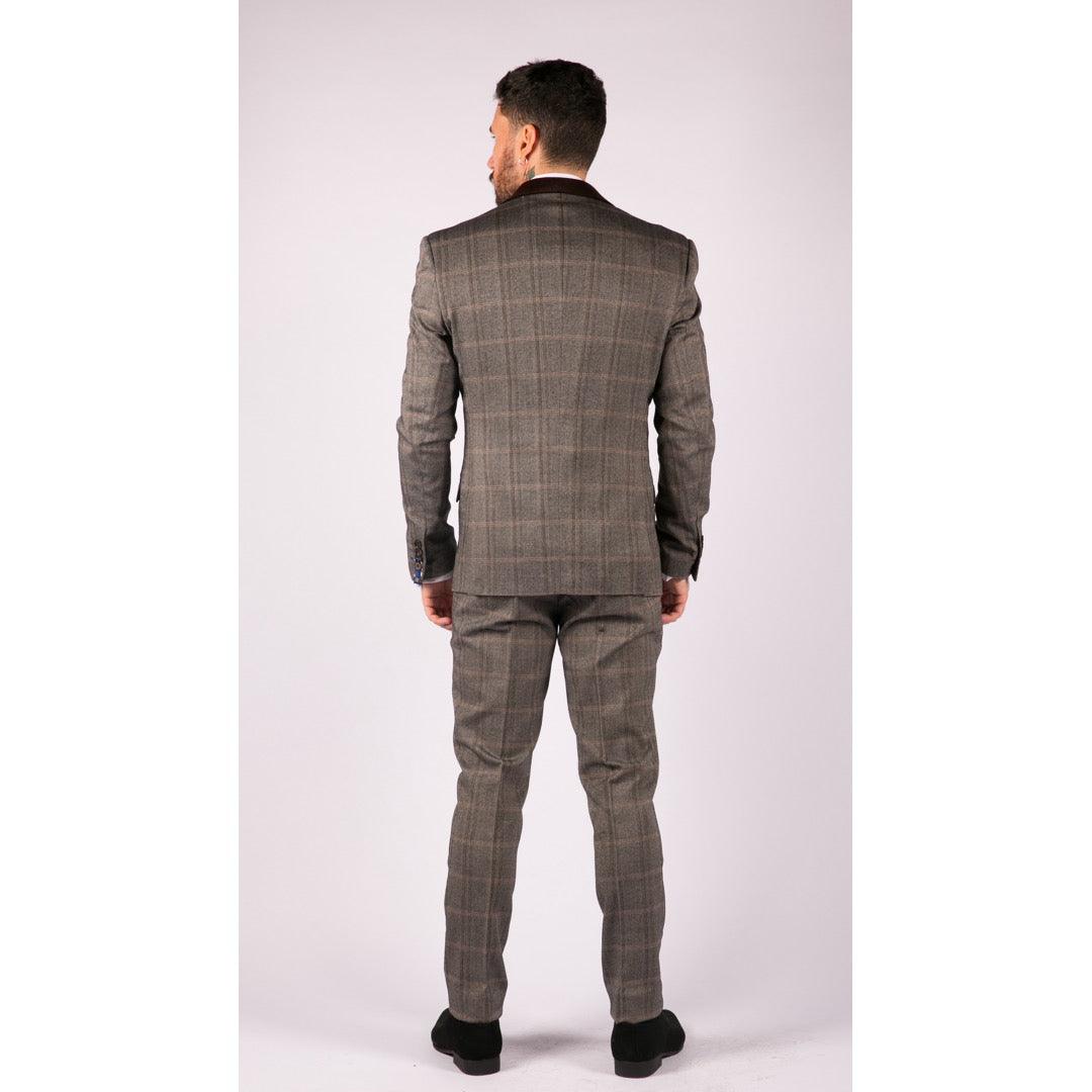 Mens Check Tweed Wool 3 Piece Tan Brown Beige Suit Vintage Retro Tailored Fit - Knighthood Store