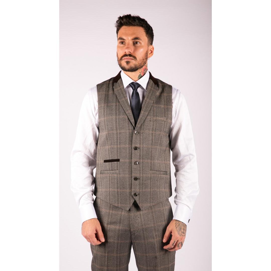 Mens Check Tweed Wool 3 Piece Tan Brown Beige Suit Vintage Retro Tailored Fit - Knighthood Store