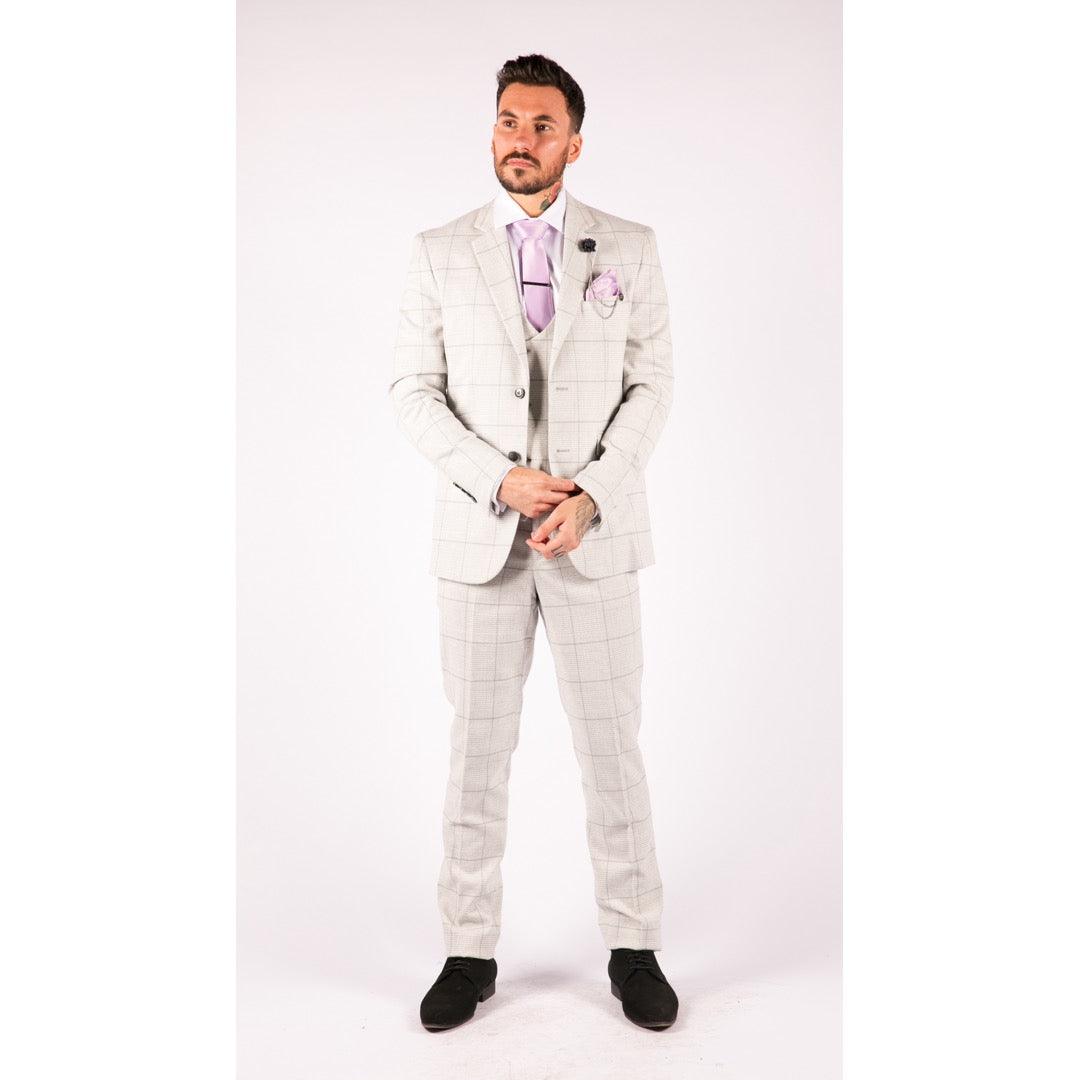 Mens Light Grey Check 3 Piece Suit Double Breasted Waoistcoat Tailored Fit - Knighthood Store