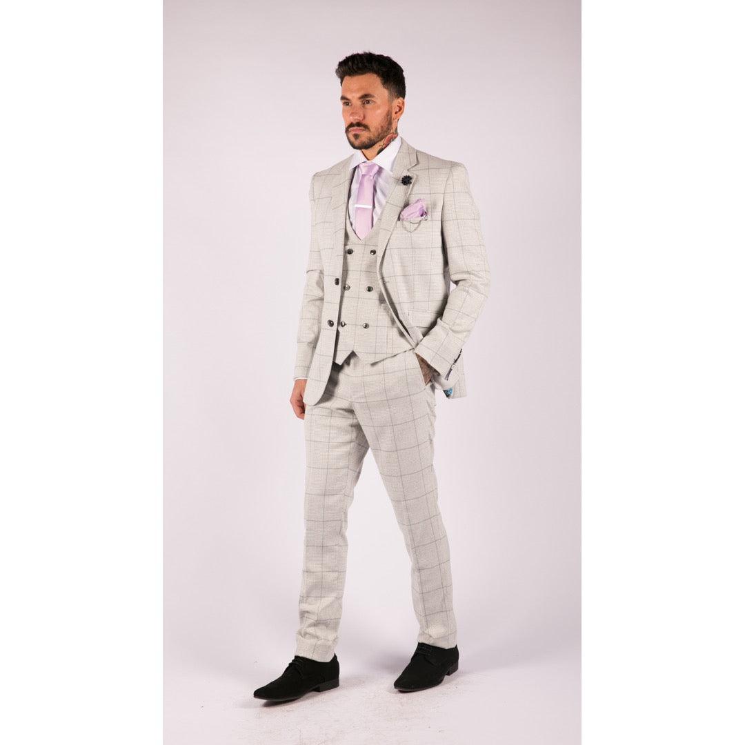 Mens Light Grey Check 3 Piece Suit Double Breasted Waoistcoat Tailored Fit - Knighthood Store