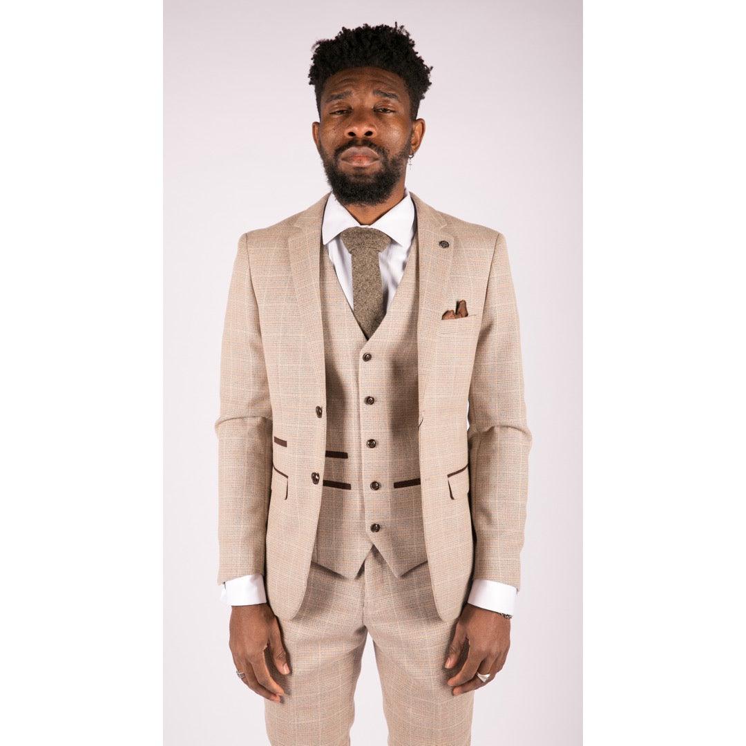 Mens Check Tweed Beige Brown 3 Piece Suit Wedding Prom Vintage Retro Classic - Knighthood Store