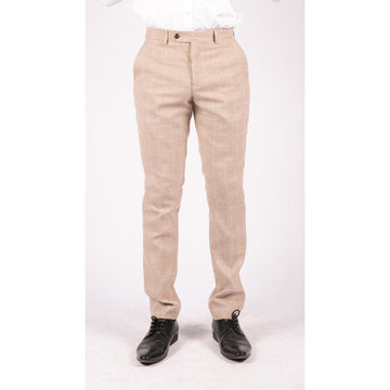 Mens Check Tweed Beige Brown Trousers Wedding Prom Vintage Retro Classic - Knighthood Store