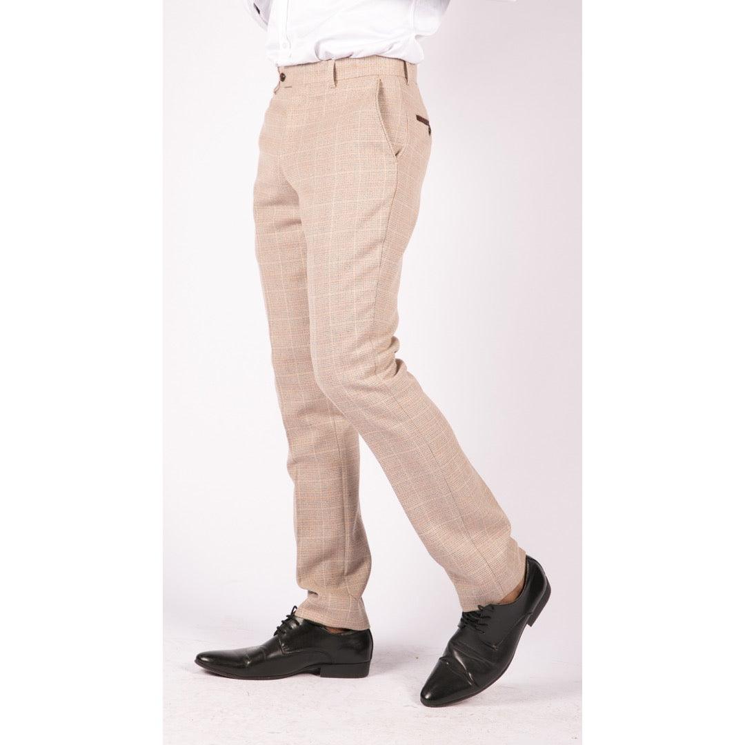 Mens Check Tweed Beige Brown Trousers Wedding Prom Vintage Retro Classic - Knighthood Store