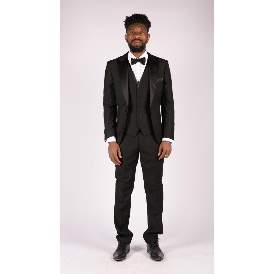 Mens 3 Piece Black Classic Satin Tuxedo Dinner Suit Tailored Fit Wedding Prom - Knighthood Store