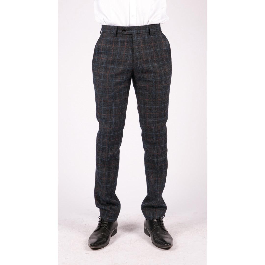 Mens Navy Blue Grey Charcoal Tweed Check Trousers Peaky Blinders Vintage - Knighthood Store