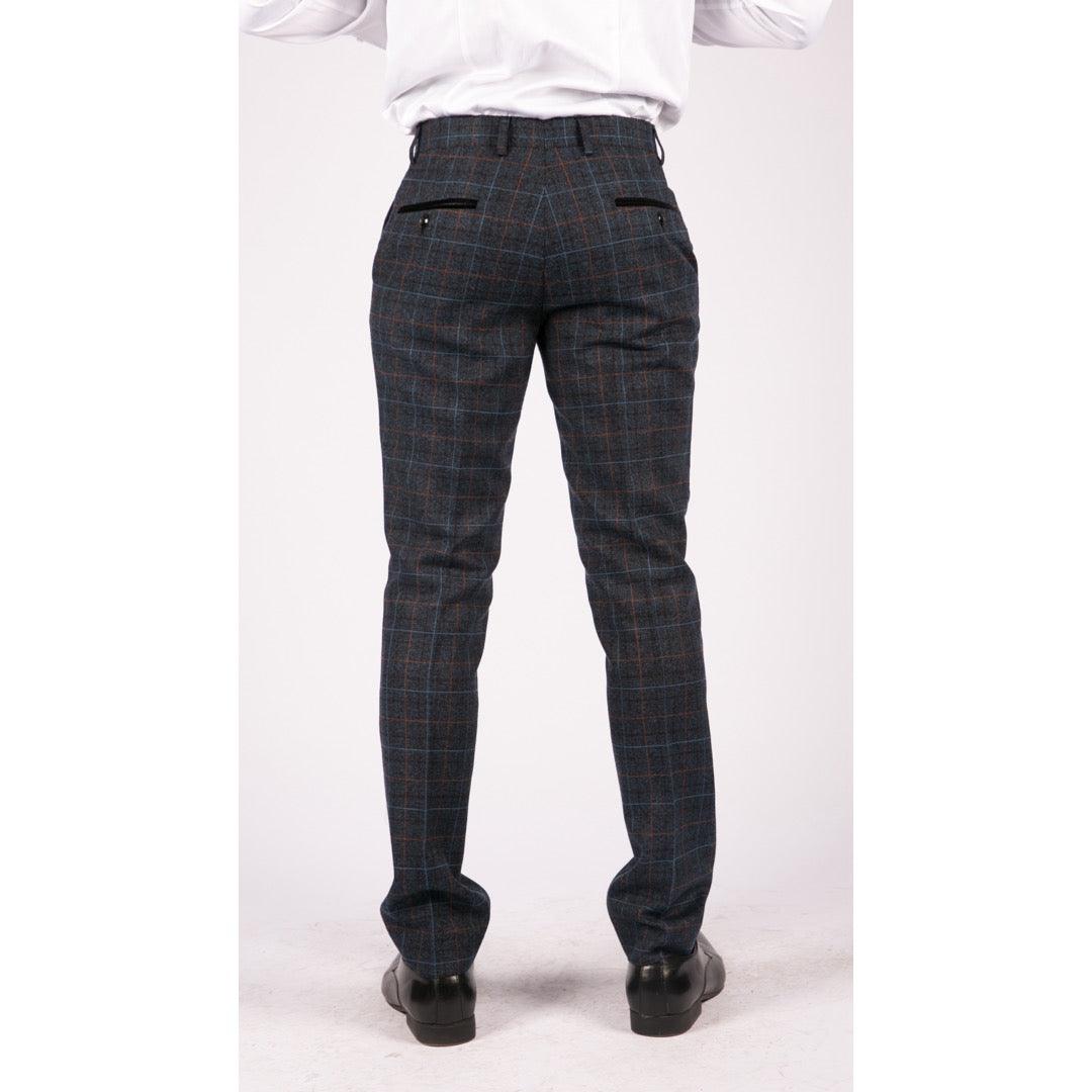 Mens Navy Blue Grey Charcoal Tweed Check Trousers Peaky Blinders Vintage - Knighthood Store