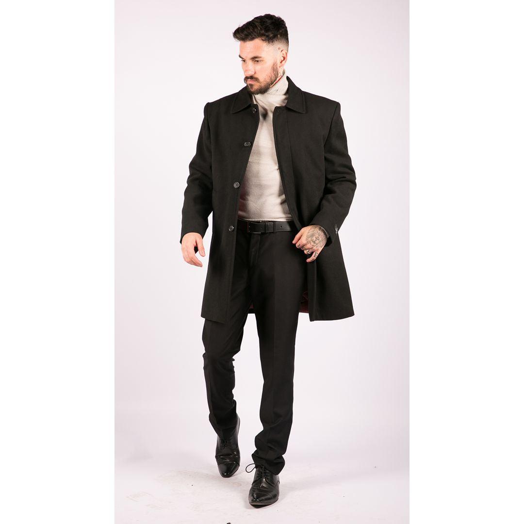 Mens Black Wool Overcoat Jacket Smart Formal 3/4 Trench Retro Vintage 1920s - Knighthood Store