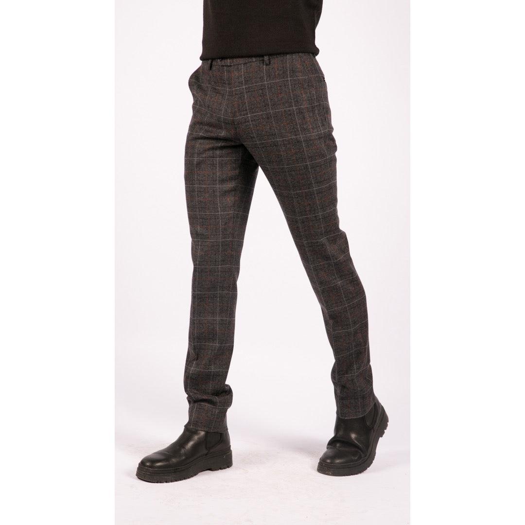 Mens Navy Blue Grey Charcoal Tweed Check Trousers Peaky Blinders Vintage - Knighthood Store