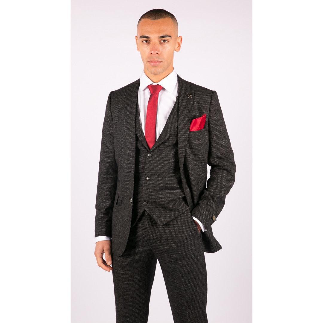 Mens Wool 3 Piece Suit Tweed Charcoal Black Tailored Fit Classic - Knighthood Store