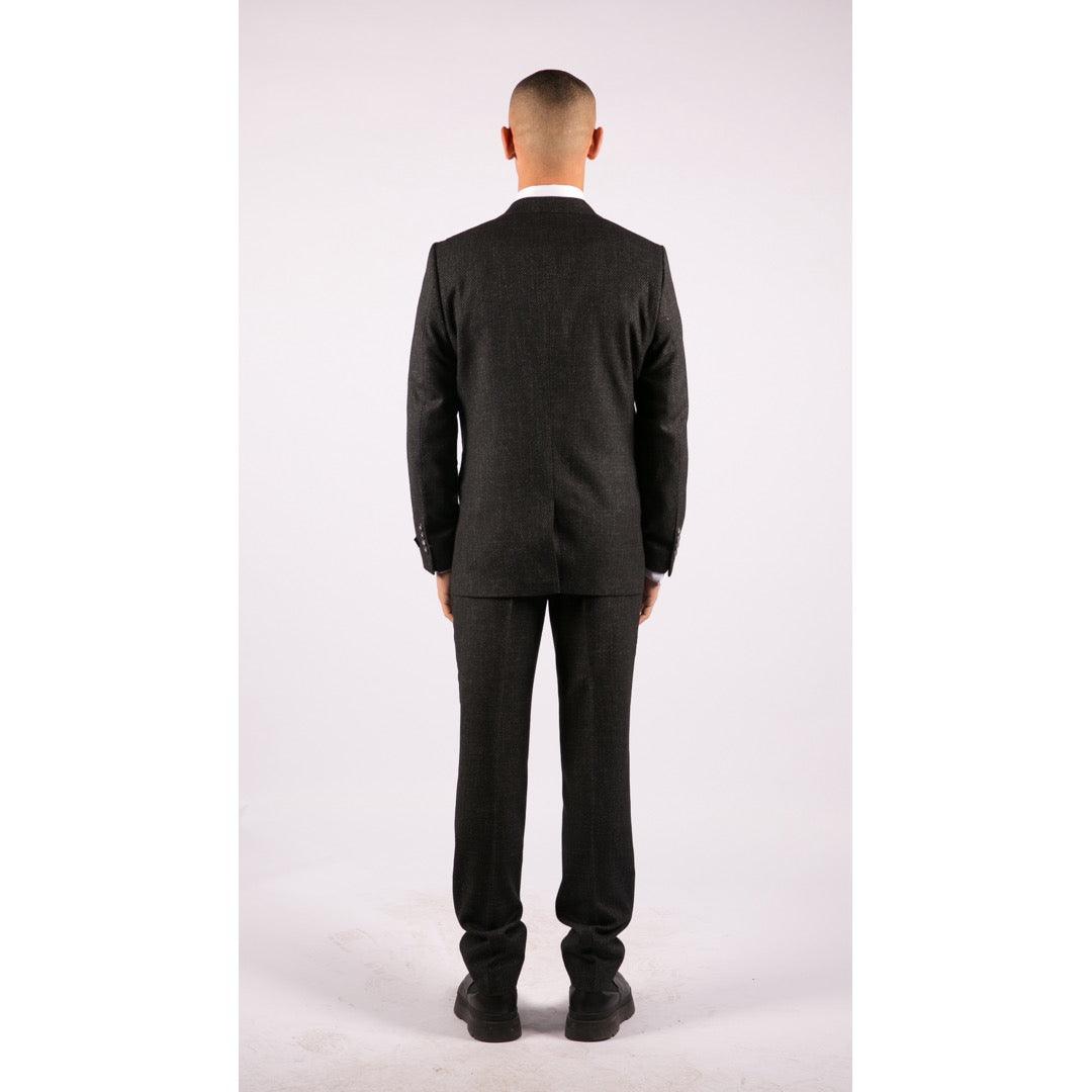 Mens Wool 3 Piece Suit Tweed Charcoal Black Tailored Fit Classic - Knighthood Store