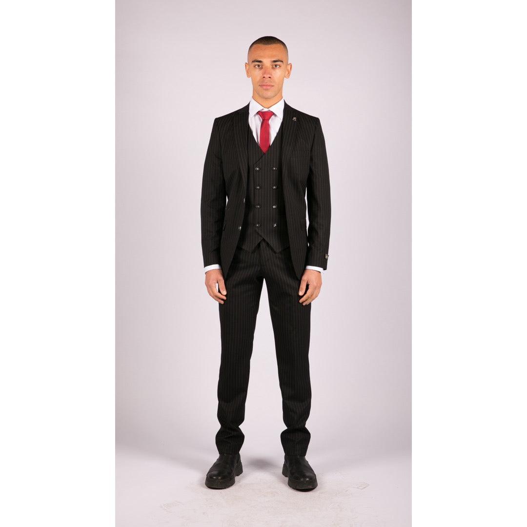 Mens 3 Piece Black Suit Gatsby 1920s Gangster Pinstripe Tailored Fit - Knighthood Store