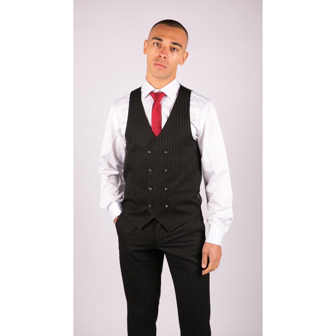 Mens 3 Piece Black Suit Gatsby 1920s Gangster Pinstripe Tailored Fit - Knighthood Store