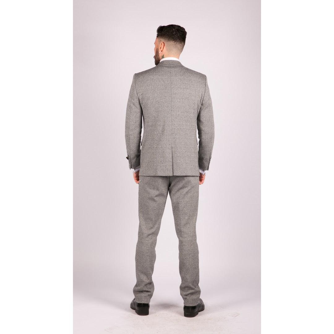 Mens Light Grey 3 Piece Tweed Suit Herringbone Wool Vintage Retro - Knighthood Store