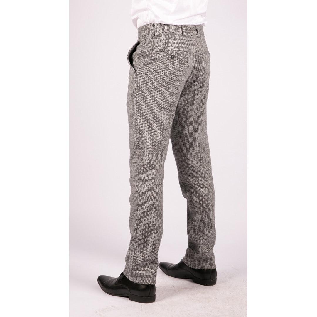 Mens Grey Charcoal Tweed Trousers Herringbone Wool Vintage Retro Blinders - Knighthood Store