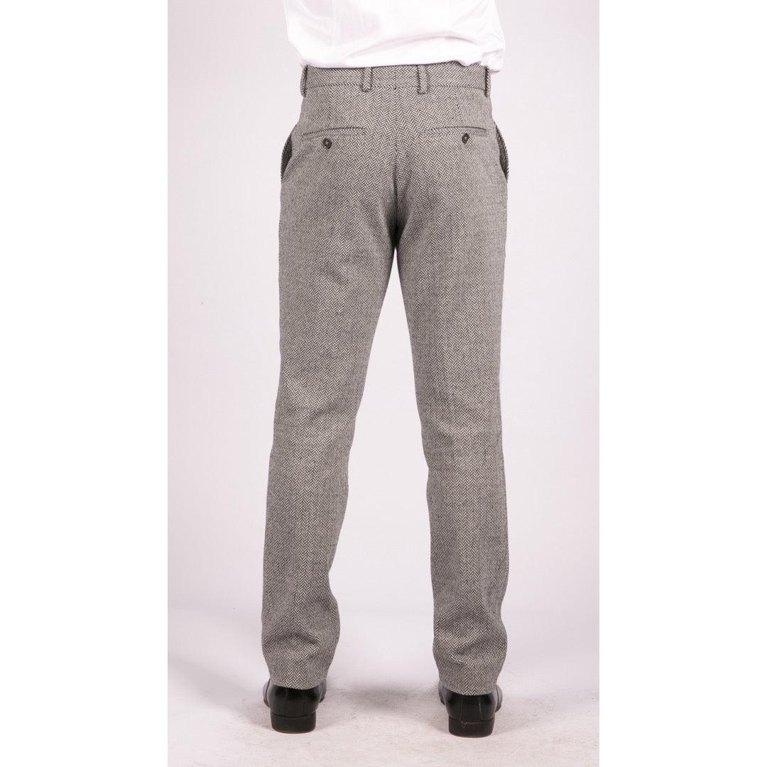 Mens Grey Charcoal Tweed Trousers Herringbone Wool Vintage Retro Blinders - Knighthood Store