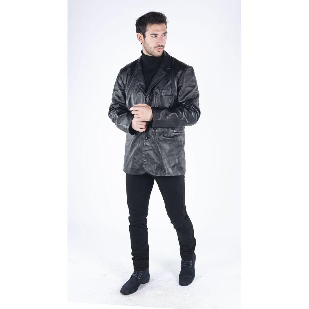 Mens Real Leather Jacket Black Smart Casual Classic Blazer Retro Vintage - Knighthood Store