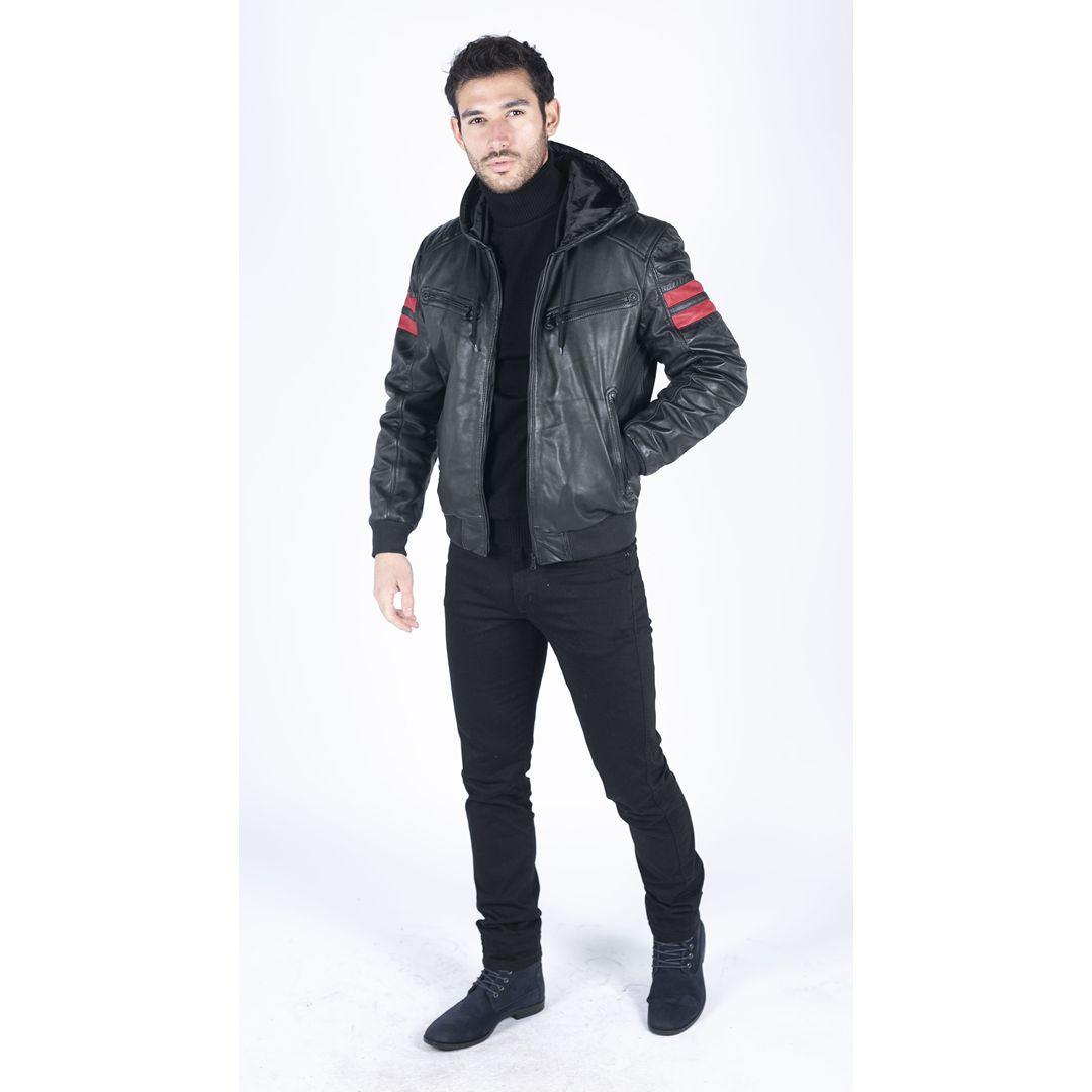 Mens Blue Black Hood Real Leather Bomber Jacket Red Stripes Quilted Slim Fit Casual - Knighthood Store