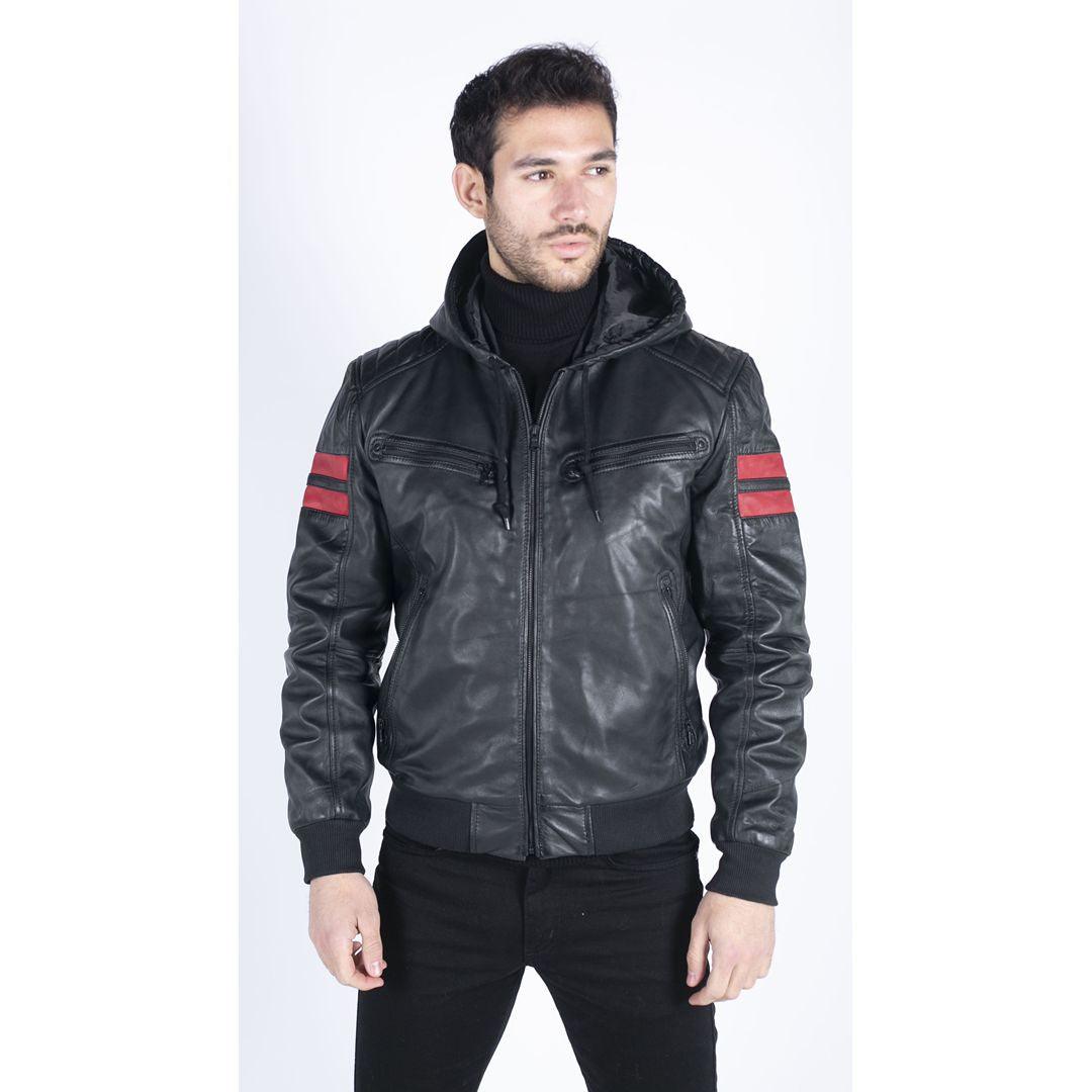 Mens Blue Black Hood Real Leather Bomber Jacket Red Stripes Quilted Slim Fit Casual - Knighthood Store