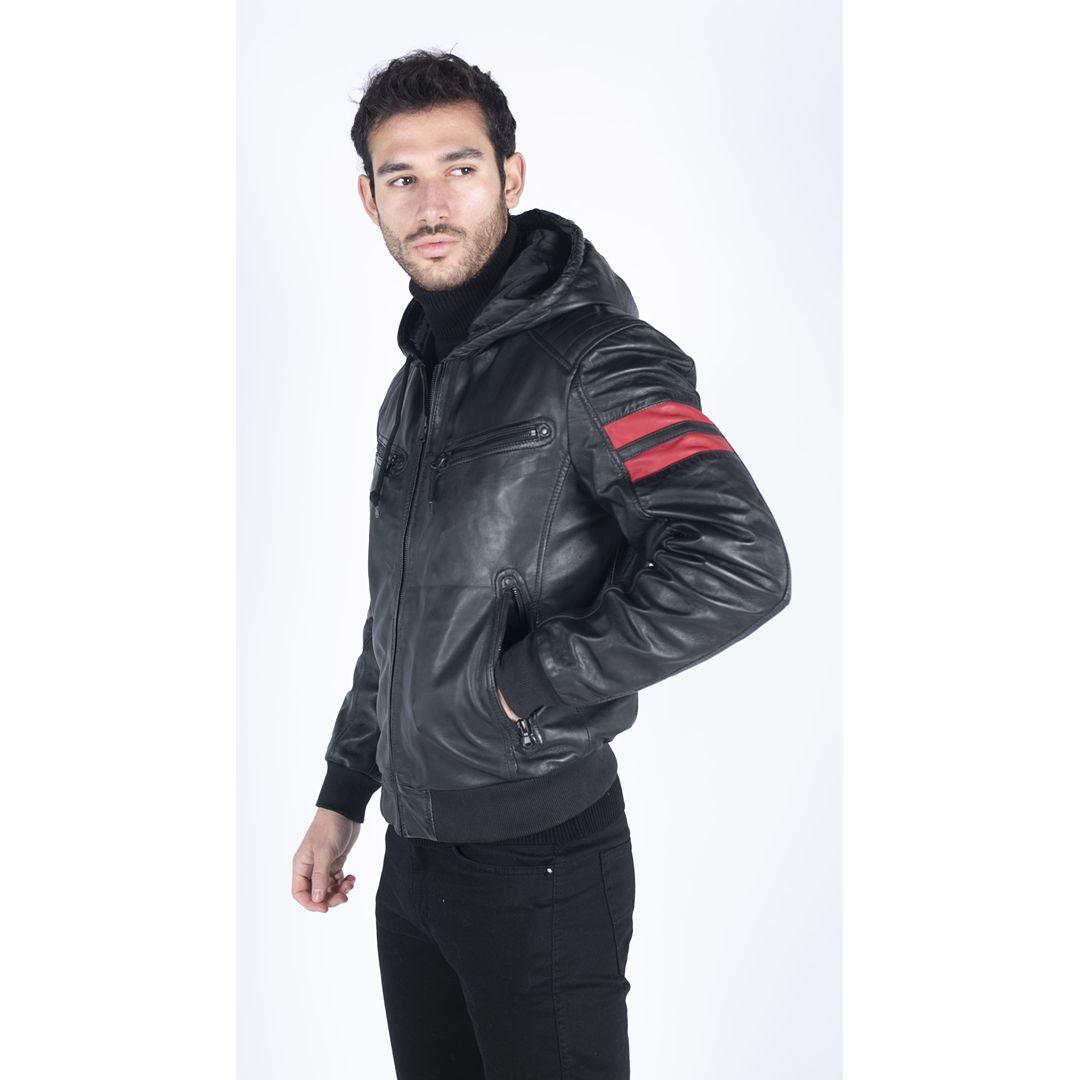 Mens Blue Black Hood Real Leather Bomber Jacket Red Stripes Quilted Slim Fit Casual - Knighthood Store