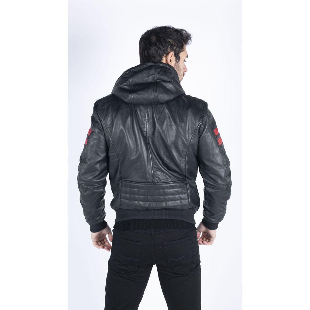 Mens Blue Black Hood Real Leather Bomber Jacket Red Stripes Quilted Slim Fit Casual - Knighthood Store