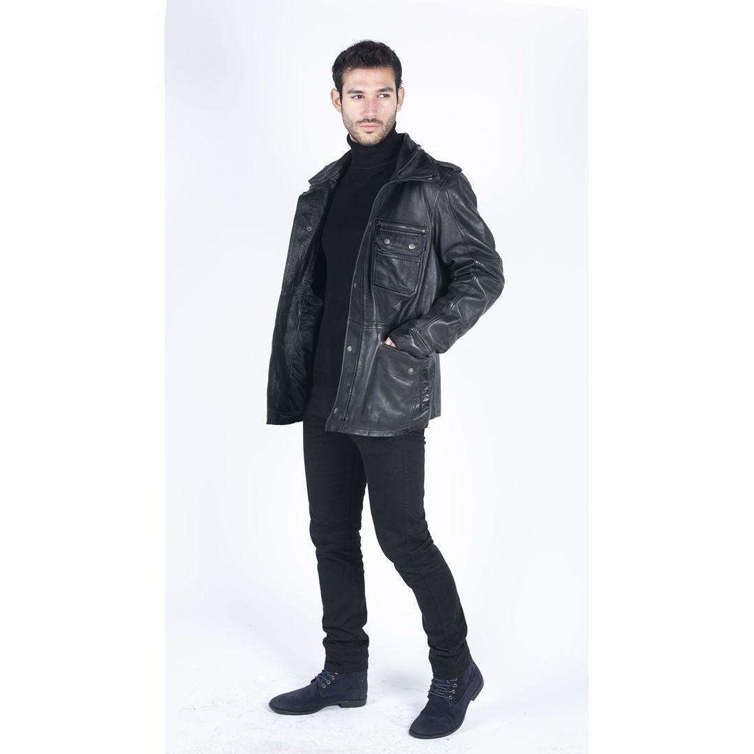 Mens 3/4 Tailored Fit Safari Parka Jacket Genuine Real Leather Military Black - Knighthood Store