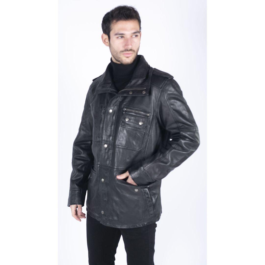 Mens 3/4 Tailored Fit Safari Parka Jacket Genuine Real Leather Military Black - Knighthood Store