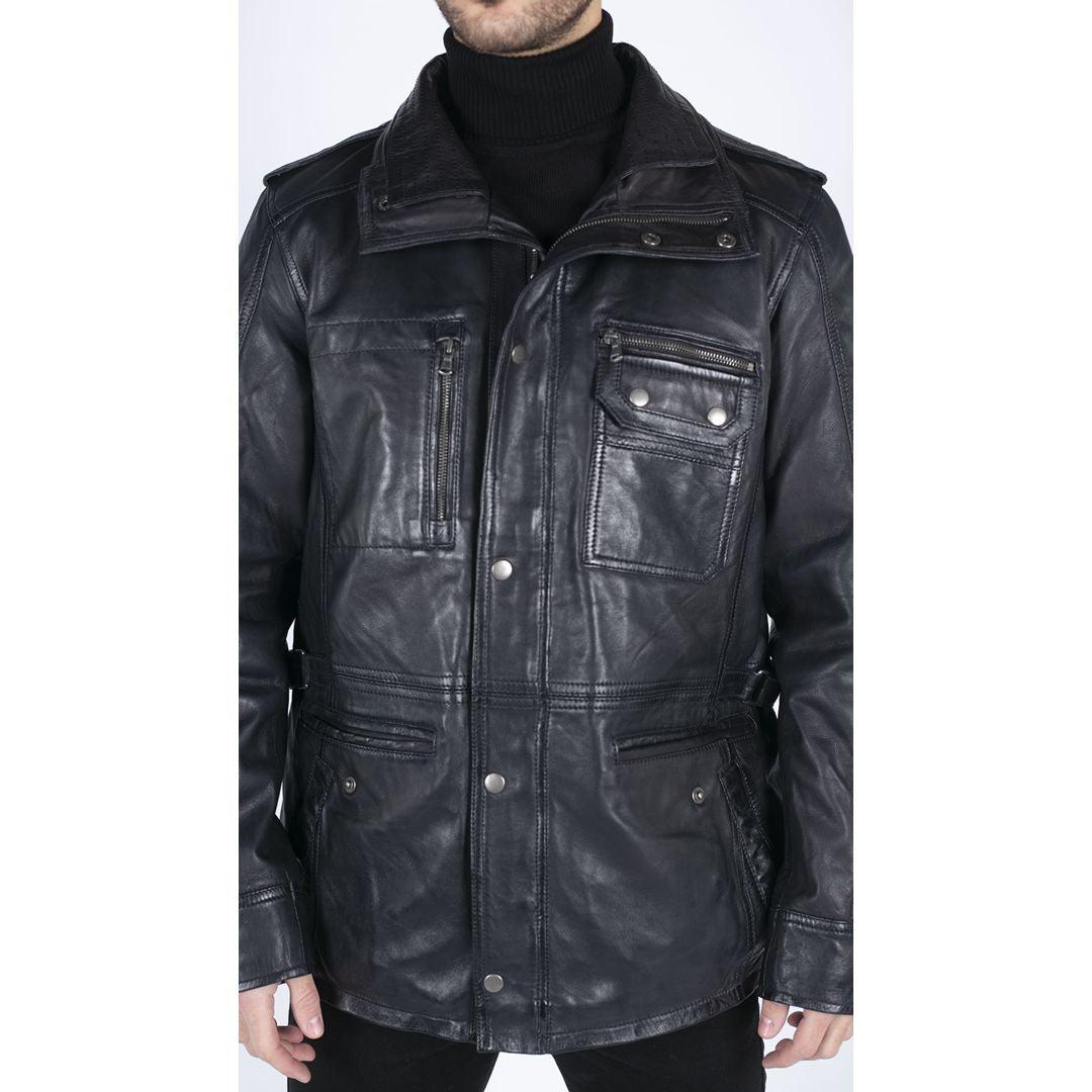 Mens 3/4 Tailored Fit Safari Parka Jacket Genuine Real Leather Military Black - Knighthood Store