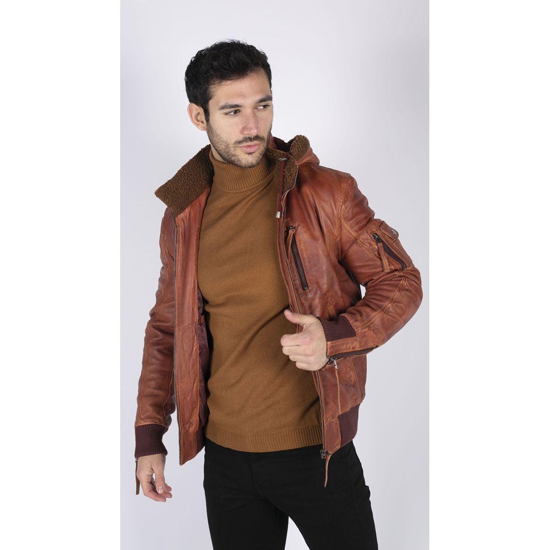 Mens Real Leather Hood Fur Jacket Bomber Aviator Tan Brown Retro - Knighthood Store