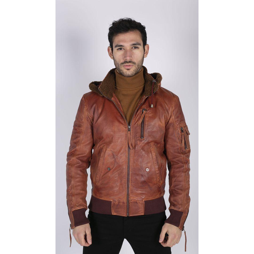 Mens Real Leather Hood Fur Jacket Bomber Aviator Tan Brown Retro - Knighthood Store